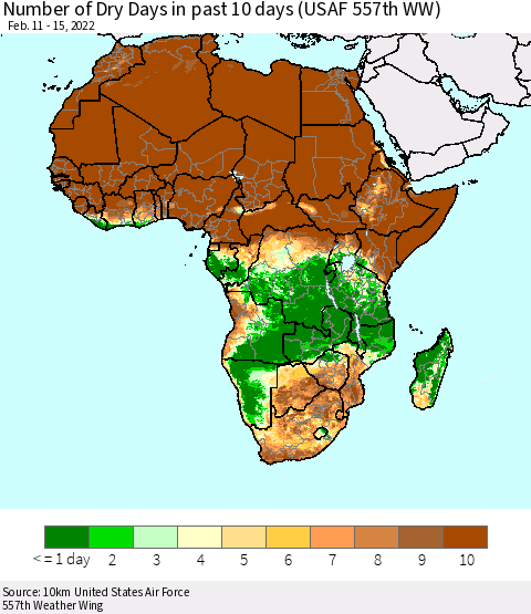 Africa Number of Dry Days in past 10 days (USAF 557th WW) Thematic Map For 2/11/2022 - 2/15/2022