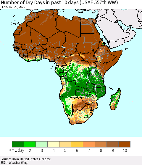 Africa Number of Dry Days in past 10 days (USAF 557th WW) Thematic Map For 2/16/2022 - 2/20/2022