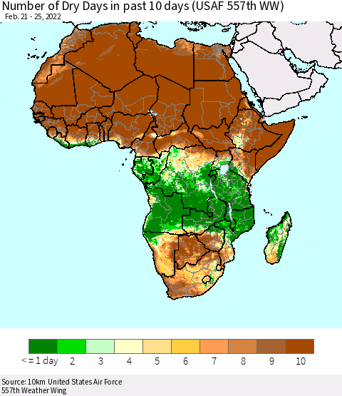 Africa Number of Dry Days in past 10 days (USAF 557th WW) Thematic Map For 2/21/2022 - 2/25/2022