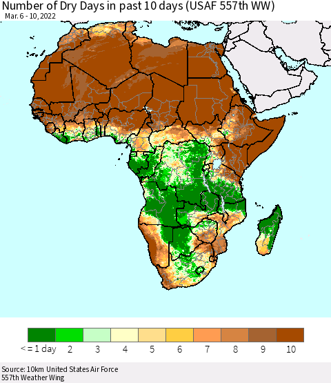 Africa Number of Dry Days in past 10 days (USAF 557th WW) Thematic Map For 3/6/2022 - 3/10/2022