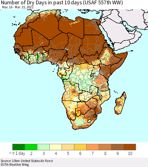 Africa Number of Dry Days in past 10 days (USAF 557th WW) Thematic Map For 3/21/2022 - 3/25/2022