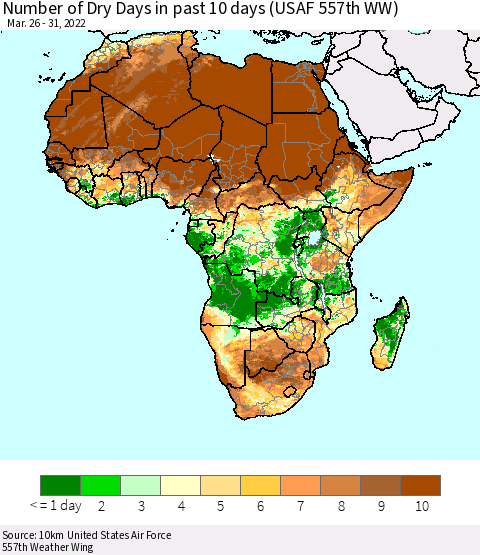 Africa Number of Dry Days in past 10 days (USAF 557th WW) Thematic Map For 3/26/2022 - 3/31/2022