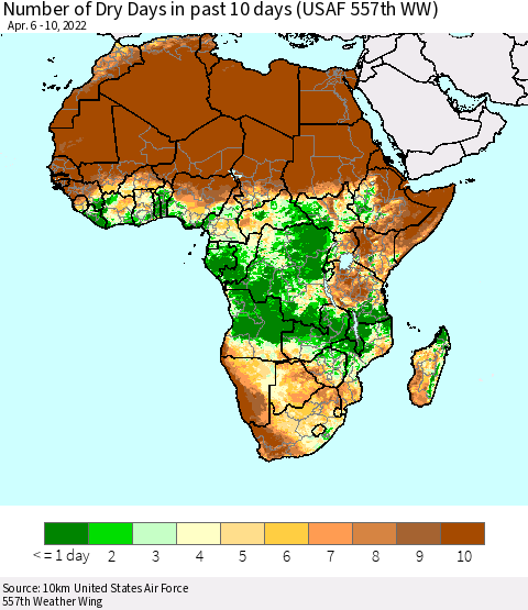 Africa Number of Dry Days in past 10 days (USAF 557th WW) Thematic Map For 4/6/2022 - 4/10/2022