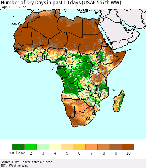 Africa Number of Dry Days in past 10 days (USAF 557th WW) Thematic Map For 4/11/2022 - 4/15/2022
