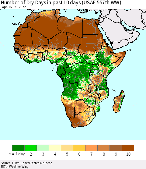 Africa Number of Dry Days in past 10 days (USAF 557th WW) Thematic Map For 4/16/2022 - 4/20/2022