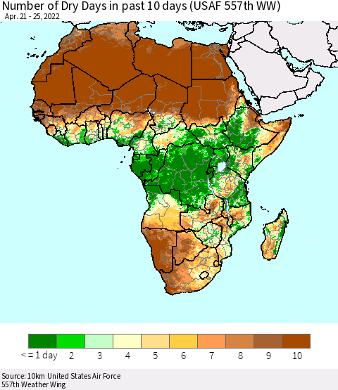 Africa Number of Dry Days in past 10 days (USAF 557th WW) Thematic Map For 4/21/2022 - 4/25/2022