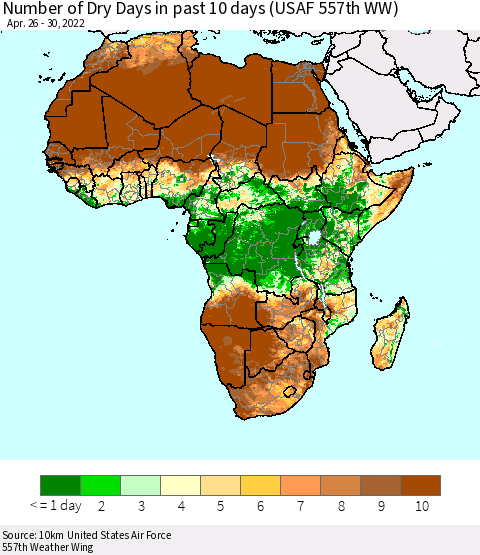 Africa Number of Dry Days in past 10 days (USAF 557th WW) Thematic Map For 4/26/2022 - 4/30/2022
