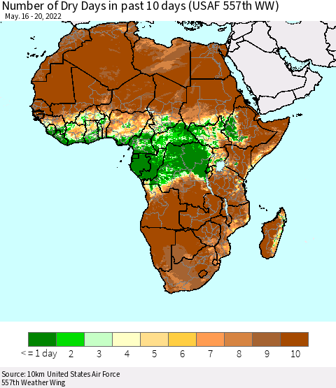 Africa Number of Dry Days in past 10 days (USAF 557th WW) Thematic Map For 5/16/2022 - 5/20/2022