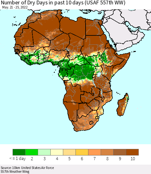 Africa Number of Dry Days in past 10 days (USAF 557th WW) Thematic Map For 5/21/2022 - 5/25/2022