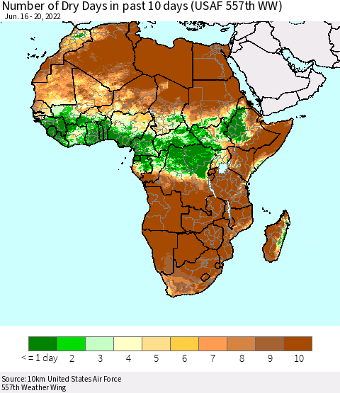 Africa Number of Dry Days in past 10 days (USAF 557th WW) Thematic Map For 6/16/2022 - 6/20/2022