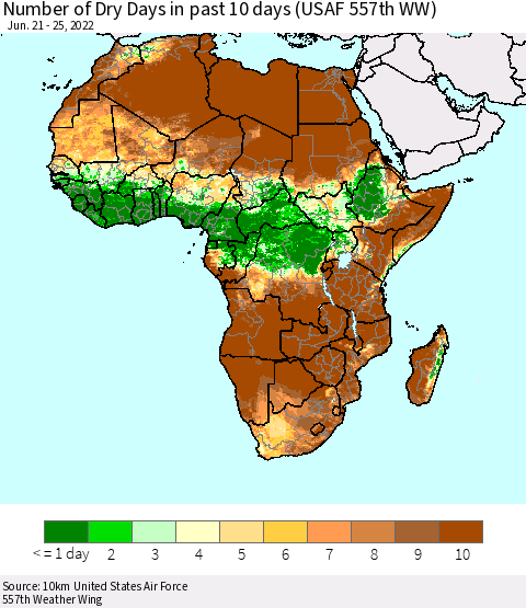 Africa Number of Dry Days in past 10 days (USAF 557th WW) Thematic Map For 6/21/2022 - 6/25/2022