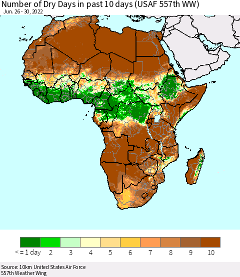 Africa Number of Dry Days in past 10 days (USAF 557th WW) Thematic Map For 6/26/2022 - 6/30/2022