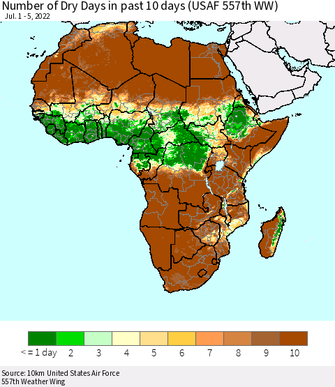 Africa Number of Dry Days in past 10 days (USAF 557th WW) Thematic Map For 7/1/2022 - 7/5/2022