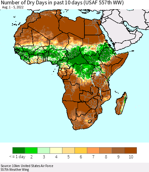 Africa Number of Dry Days in past 10 days (USAF 557th WW) Thematic Map For 8/1/2022 - 8/5/2022