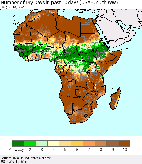 Africa Number of Dry Days in past 10 days (USAF 557th WW) Thematic Map For 8/6/2022 - 8/10/2022