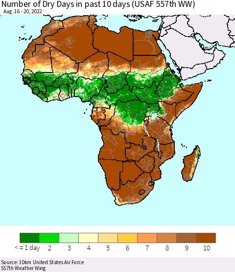 Africa Number of Dry Days in past 10 days (USAF 557th WW) Thematic Map For 8/16/2022 - 8/20/2022