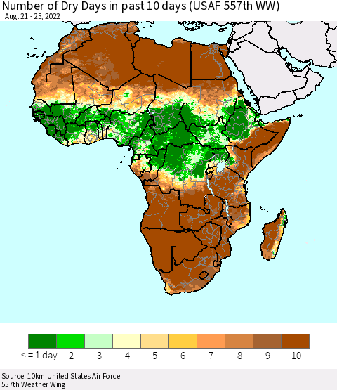 Africa Number of Dry Days in past 10 days (USAF 557th WW) Thematic Map For 8/21/2022 - 8/25/2022