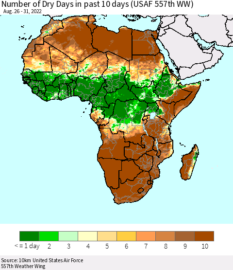 Africa Number of Dry Days in past 10 days (USAF 557th WW) Thematic Map For 8/26/2022 - 8/31/2022