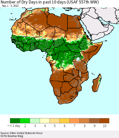 Africa Number of Dry Days in past 10 days (USAF 557th WW) Thematic Map For 9/1/2022 - 9/5/2022