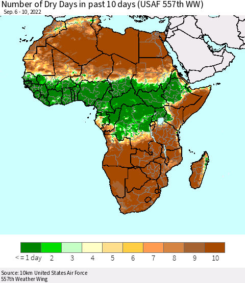 Africa Number of Dry Days in past 10 days (USAF 557th WW) Thematic Map For 9/6/2022 - 9/10/2022