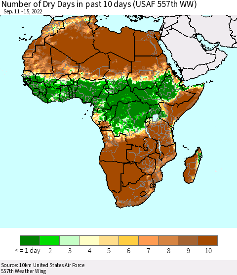 Africa Number of Dry Days in past 10 days (USAF 557th WW) Thematic Map For 9/11/2022 - 9/15/2022