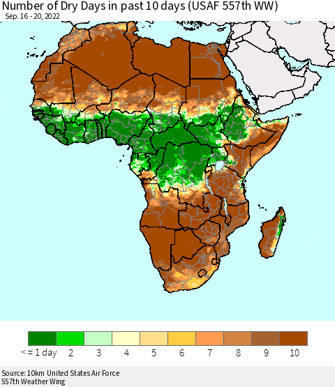 Africa Number of Dry Days in past 10 days (USAF 557th WW) Thematic Map For 9/16/2022 - 9/20/2022