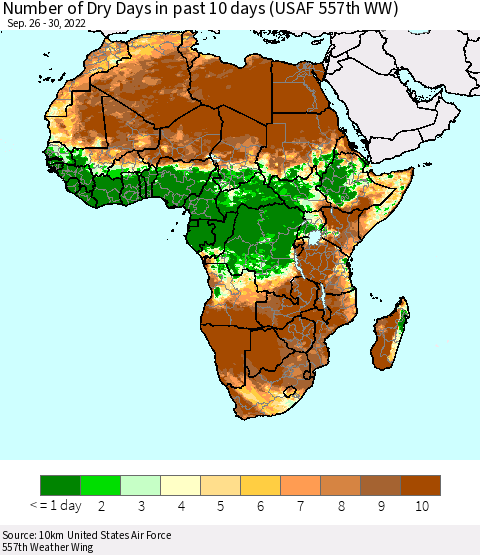 Africa Number of Dry Days in past 10 days (USAF 557th WW) Thematic Map For 9/26/2022 - 9/30/2022