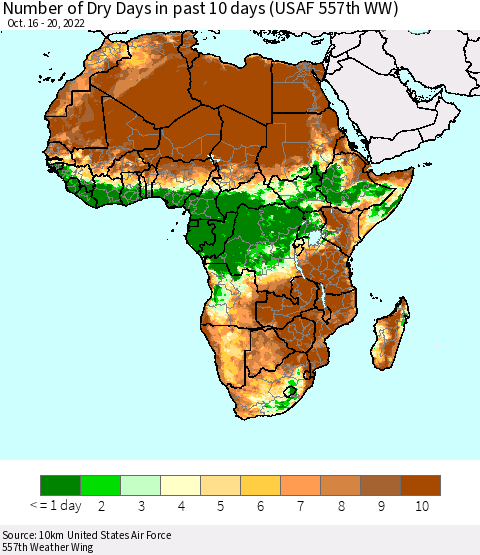 Africa Number of Dry Days in past 10 days (USAF 557th WW) Thematic Map For 10/16/2022 - 10/20/2022