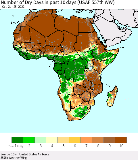 Africa Number of Dry Days in past 10 days (USAF 557th WW) Thematic Map For 10/21/2022 - 10/25/2022