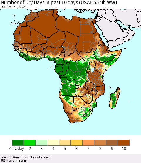 Africa Number of Dry Days in past 10 days (USAF 557th WW) Thematic Map For 10/26/2022 - 10/31/2022