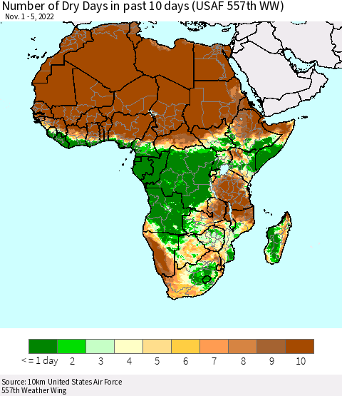 Africa Number of Dry Days in past 10 days (USAF 557th WW) Thematic Map For 11/1/2022 - 11/5/2022
