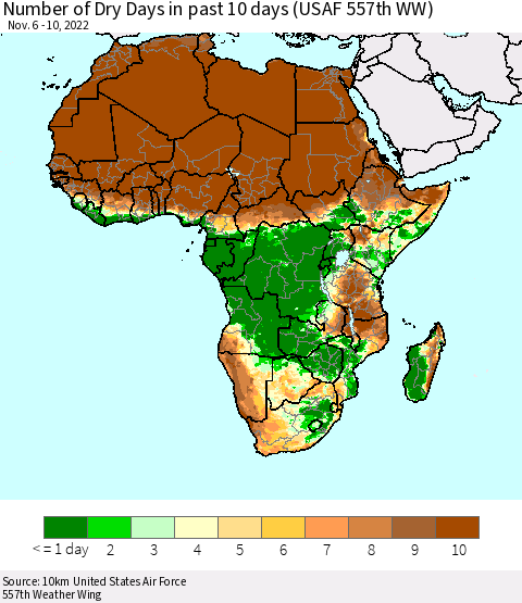 Africa Number of Dry Days in past 10 days (USAF 557th WW) Thematic Map For 11/6/2022 - 11/10/2022