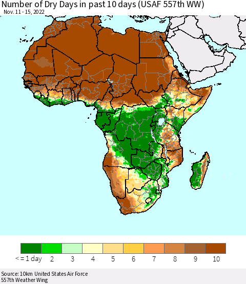 Africa Number of Dry Days in past 10 days (USAF 557th WW) Thematic Map For 11/11/2022 - 11/15/2022