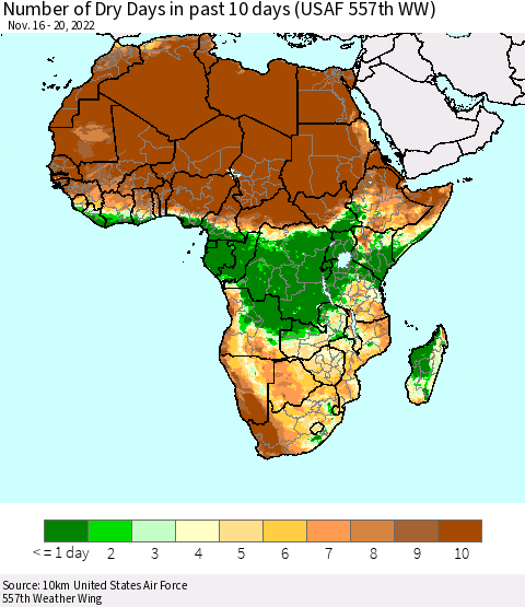 Africa Number of Dry Days in past 10 days (USAF 557th WW) Thematic Map For 11/16/2022 - 11/20/2022