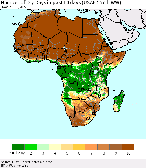 Africa Number of Dry Days in past 10 days (USAF 557th WW) Thematic Map For 11/21/2022 - 11/25/2022