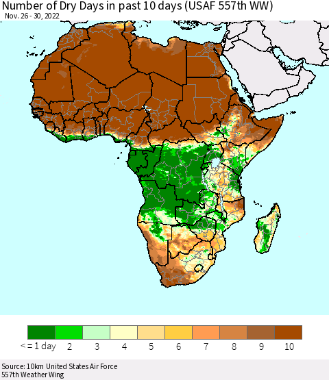Africa Number of Dry Days in past 10 days (USAF 557th WW) Thematic Map For 11/26/2022 - 11/30/2022