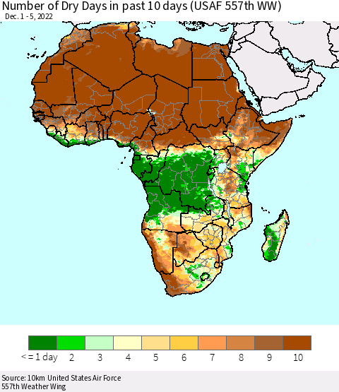 Africa Number of Dry Days in past 10 days (USAF 557th WW) Thematic Map For 12/1/2022 - 12/5/2022