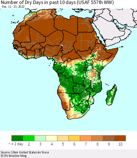 Africa Number of Dry Days in past 10 days (USAF 557th WW) Thematic Map For 12/11/2022 - 12/15/2022
