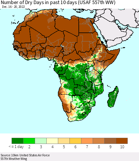 Africa Number of Dry Days in past 10 days (USAF 557th WW) Thematic Map For 12/16/2022 - 12/20/2022