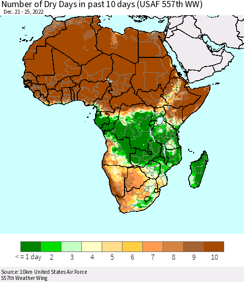 Africa Number of Dry Days in past 10 days (USAF 557th WW) Thematic Map For 12/21/2022 - 12/25/2022