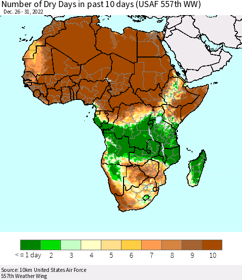 Africa Number of Dry Days in past 10 days (USAF 557th WW) Thematic Map For 12/26/2022 - 12/31/2022