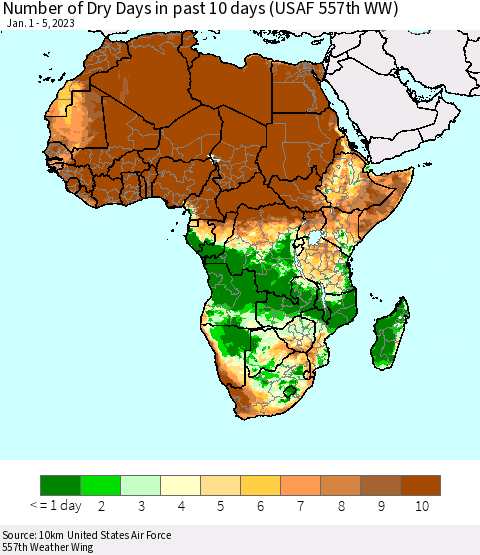Africa Number of Dry Days in past 10 days (USAF 557th WW) Thematic Map For 1/1/2023 - 1/5/2023