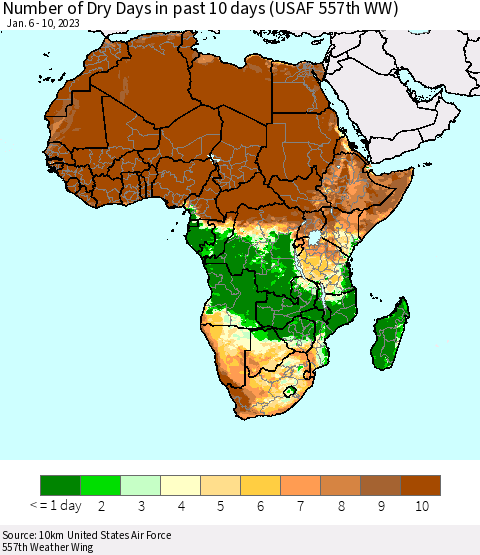 Africa Number of Dry Days in past 10 days (USAF 557th WW) Thematic Map For 1/6/2023 - 1/10/2023