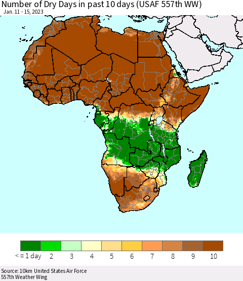 Africa Number of Dry Days in past 10 days (USAF 557th WW) Thematic Map For 1/11/2023 - 1/15/2023