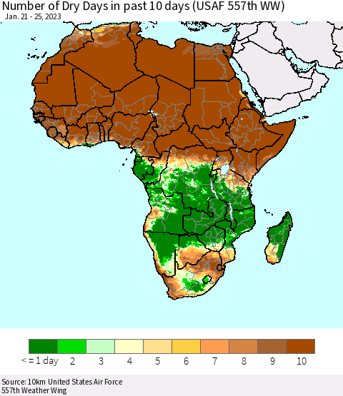 Africa Number of Dry Days in past 10 days (USAF 557th WW) Thematic Map For 1/21/2023 - 1/25/2023