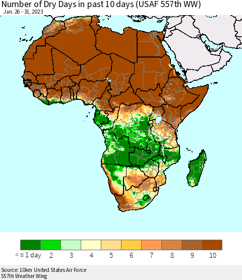 Africa Number of Dry Days in past 10 days (USAF 557th WW) Thematic Map For 1/26/2023 - 1/31/2023
