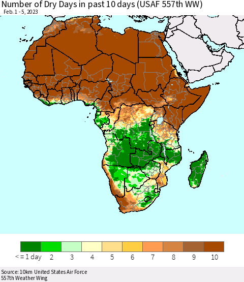 Africa Number of Dry Days in past 10 days (USAF 557th WW) Thematic Map For 2/1/2023 - 2/5/2023