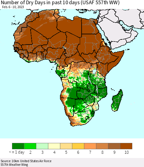 Africa Number of Dry Days in past 10 days (USAF 557th WW) Thematic Map For 2/6/2023 - 2/10/2023