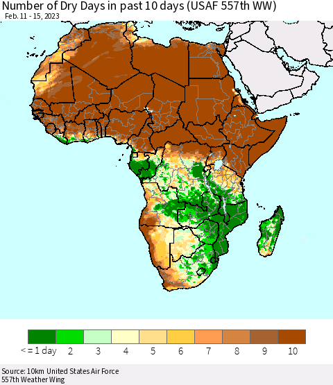 Africa Number of Dry Days in past 10 days (USAF 557th WW) Thematic Map For 2/11/2023 - 2/15/2023