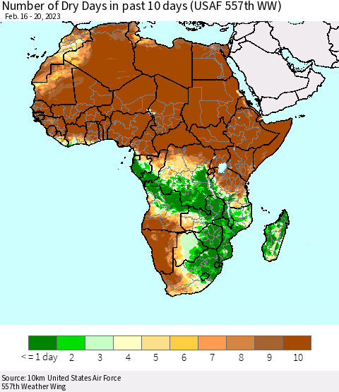 Africa Number of Dry Days in past 10 days (USAF 557th WW) Thematic Map For 2/16/2023 - 2/20/2023